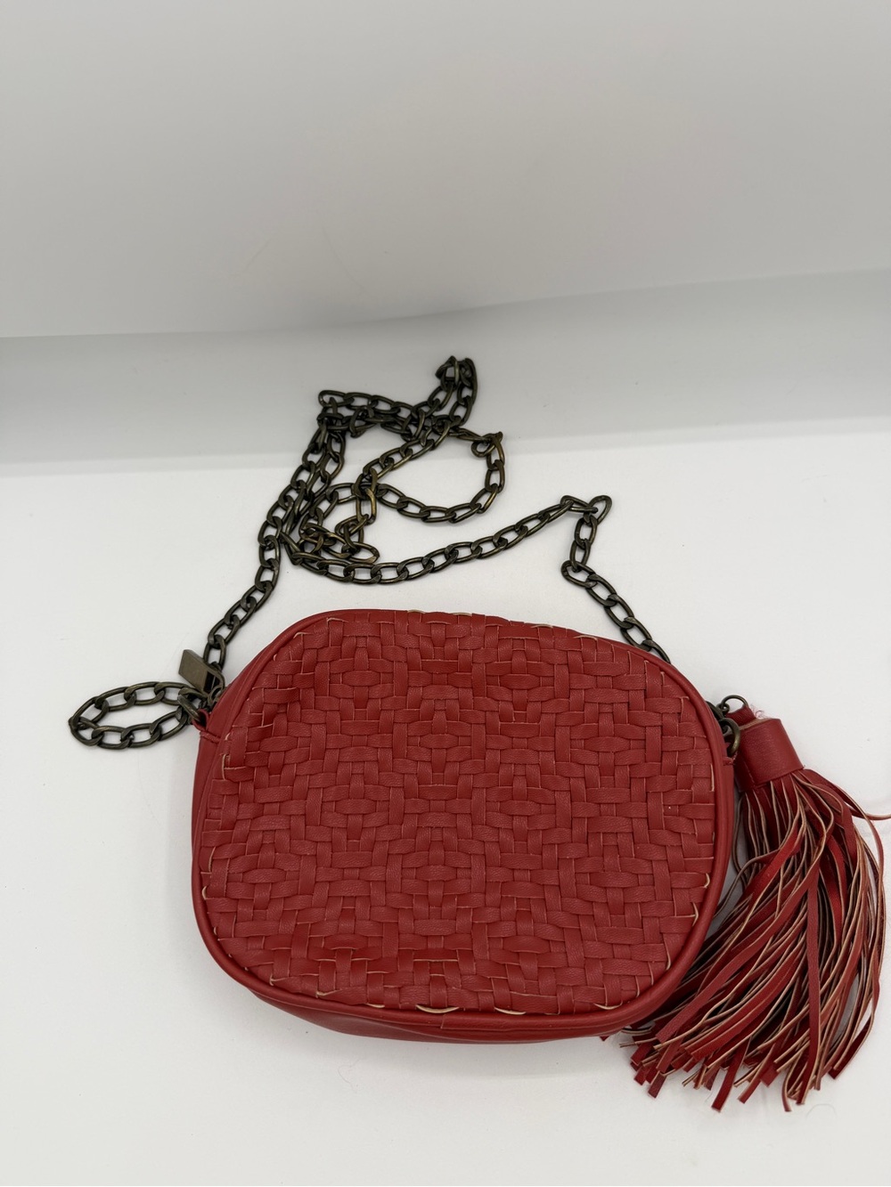 Anthropologie Woven Vegan Leather Chunky Chain Tassel Crossbody Bag Red